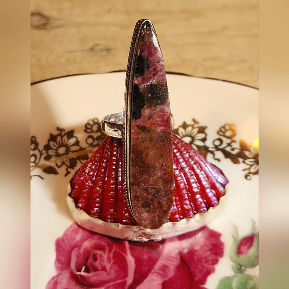 Extremely Unique, Very Long And Slender, Size 7 1/2, Rhodonite Cabochon Ring.